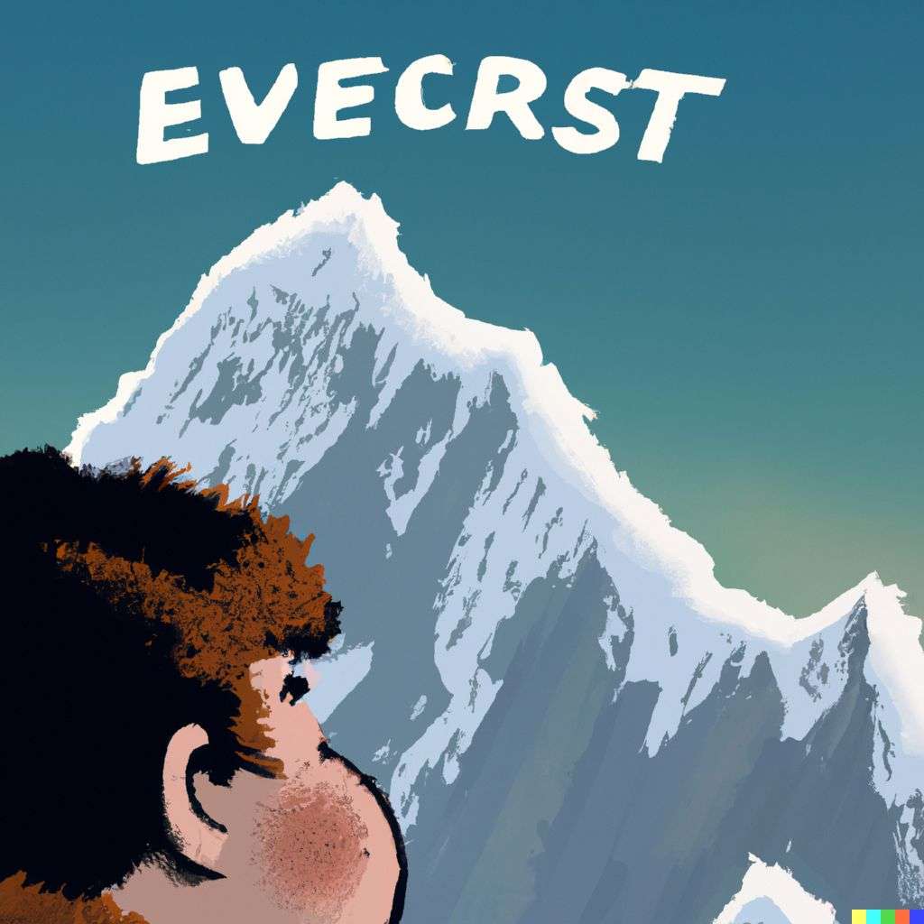 someone gazing at Mount Everest, in the style of a mid-20th century Disney cartoon